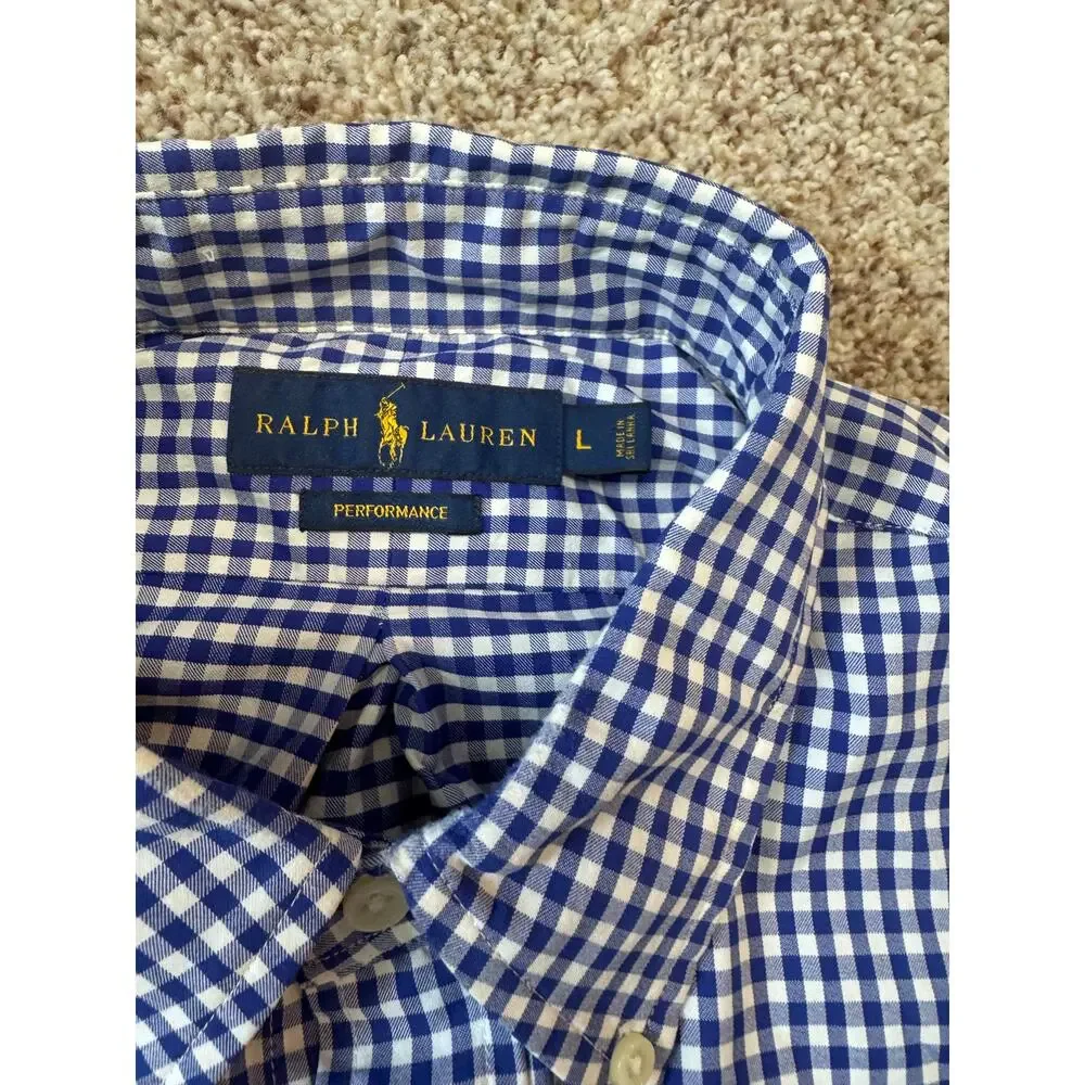 Ralph Lauren Performance Shirt Mens L Blue Gingham Check Stretch Long Sleeve